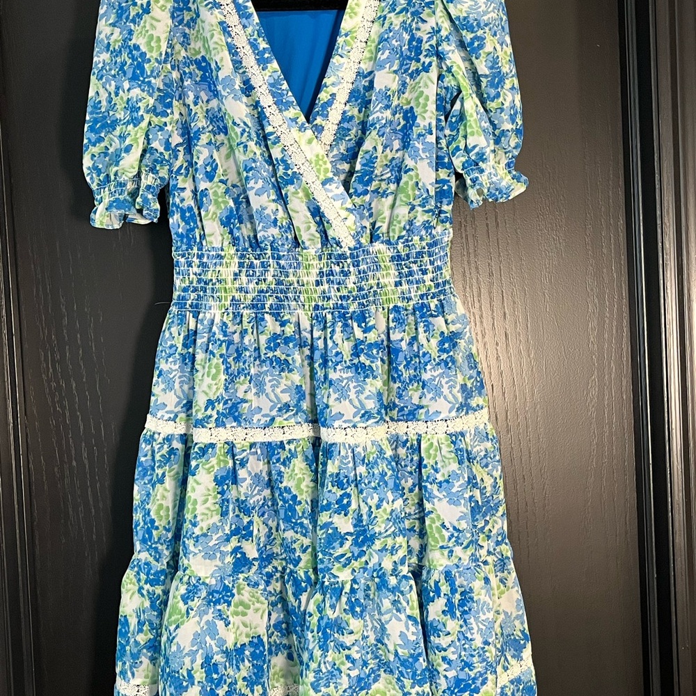 Taylor Blue and Green Floral Midi Dress